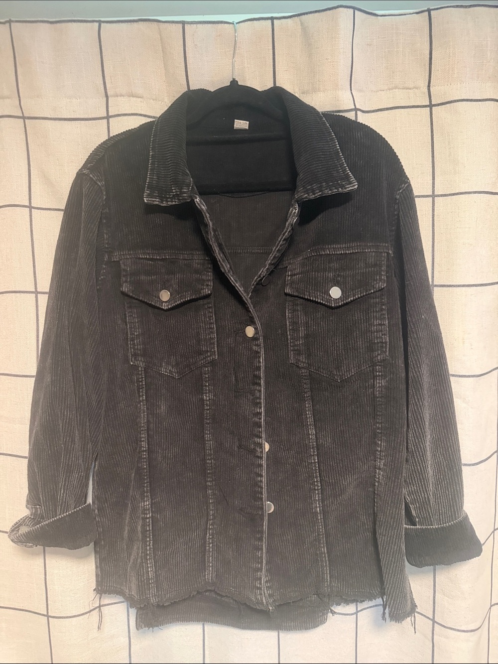 Women’s Oversized Distressed Black Corduroy Button-Front Jacket